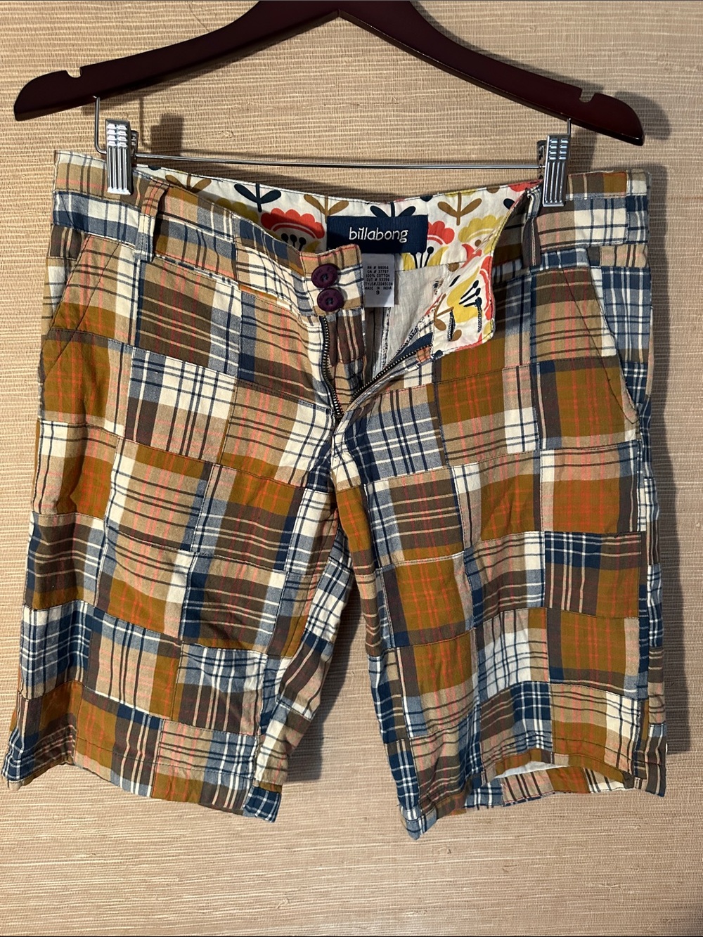 Vintage Billabong Patch Madras Cotton Shorts - Tan Navy & Cream